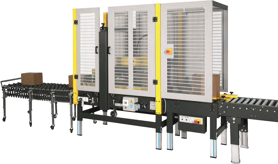 SM11_2 Kartonverschliessmaschine SM 11 mit optionalem Zentrierer und Vereinzelner sowie Rollenbahn